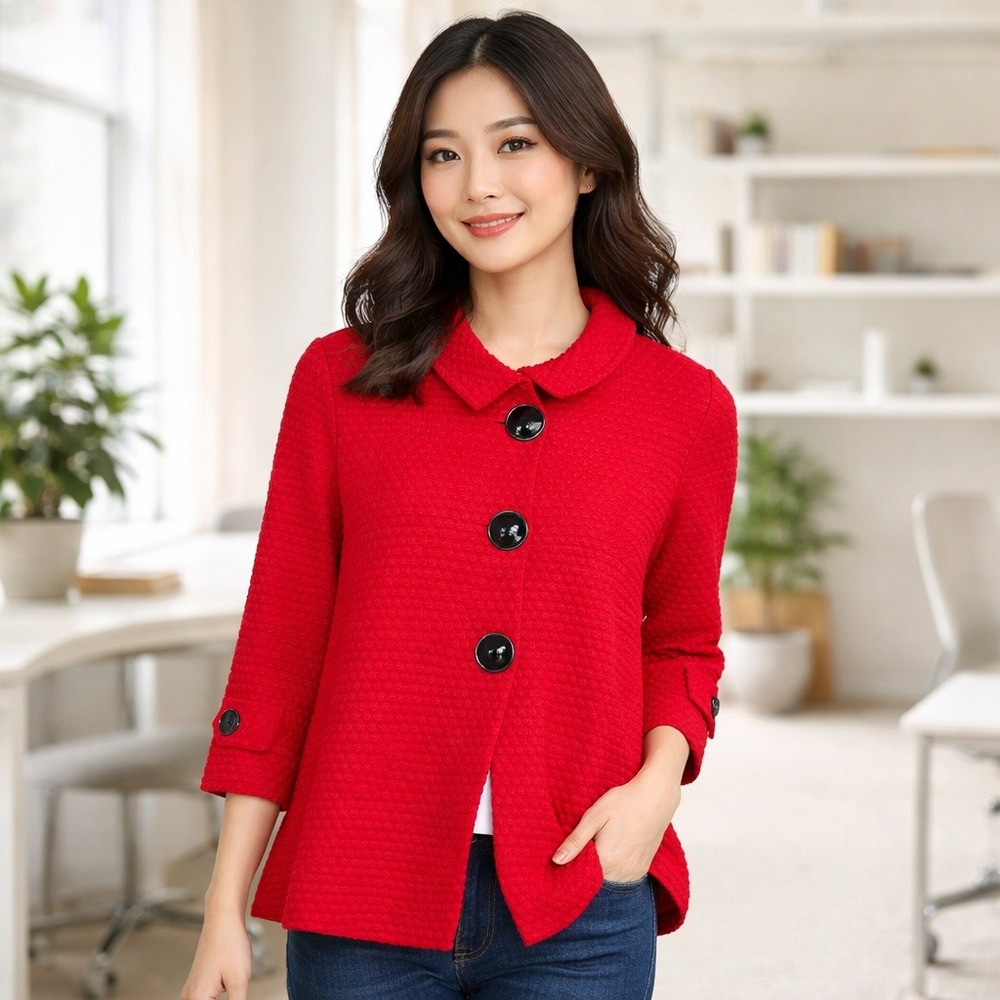 Multiples Red Textured Bubble Knit Funnel Neck Button Up Swing Jacket Small‎